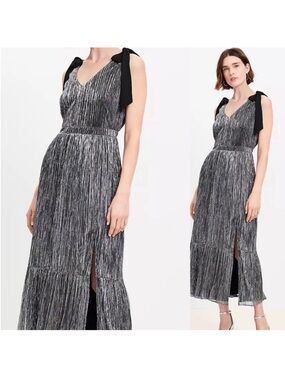 NWOT Loft Bow Tie-Shoulder V-Neck Metallic Midi Dress in Black and Silver